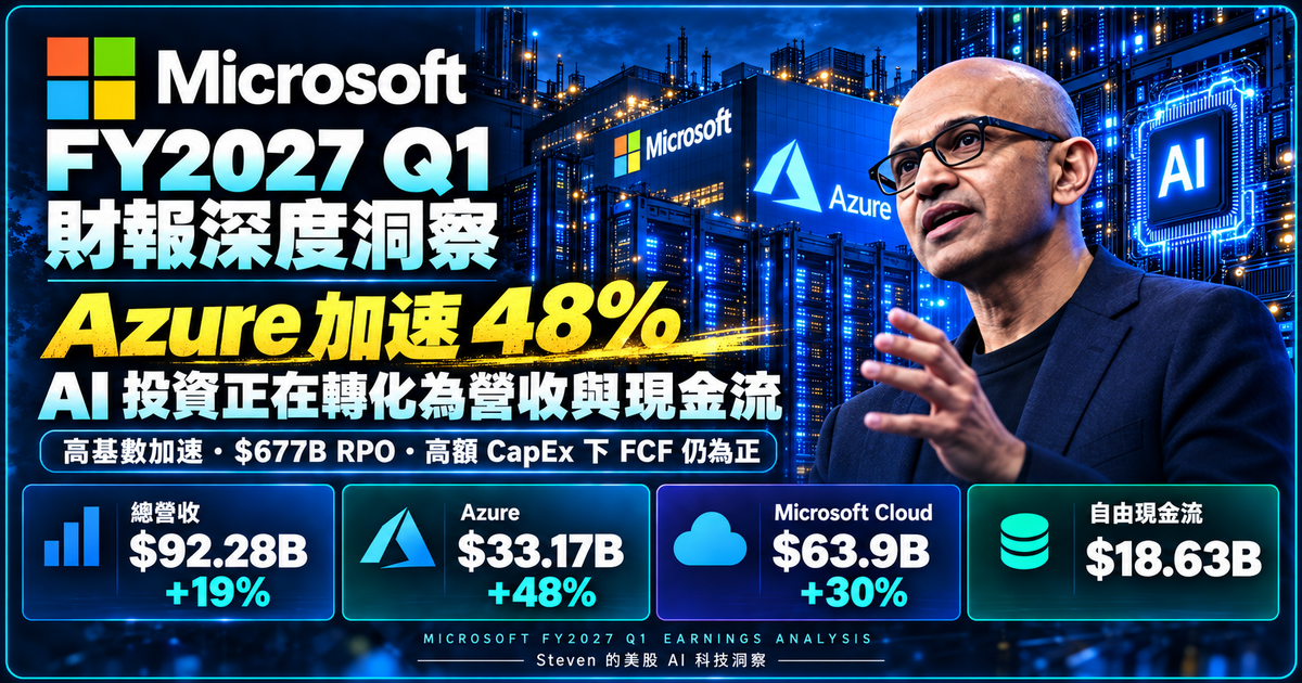 Microsoft FY2027 Q1 財報深度洞察:Azure 加速 48%,AI 投資正在轉化為營收與現金流